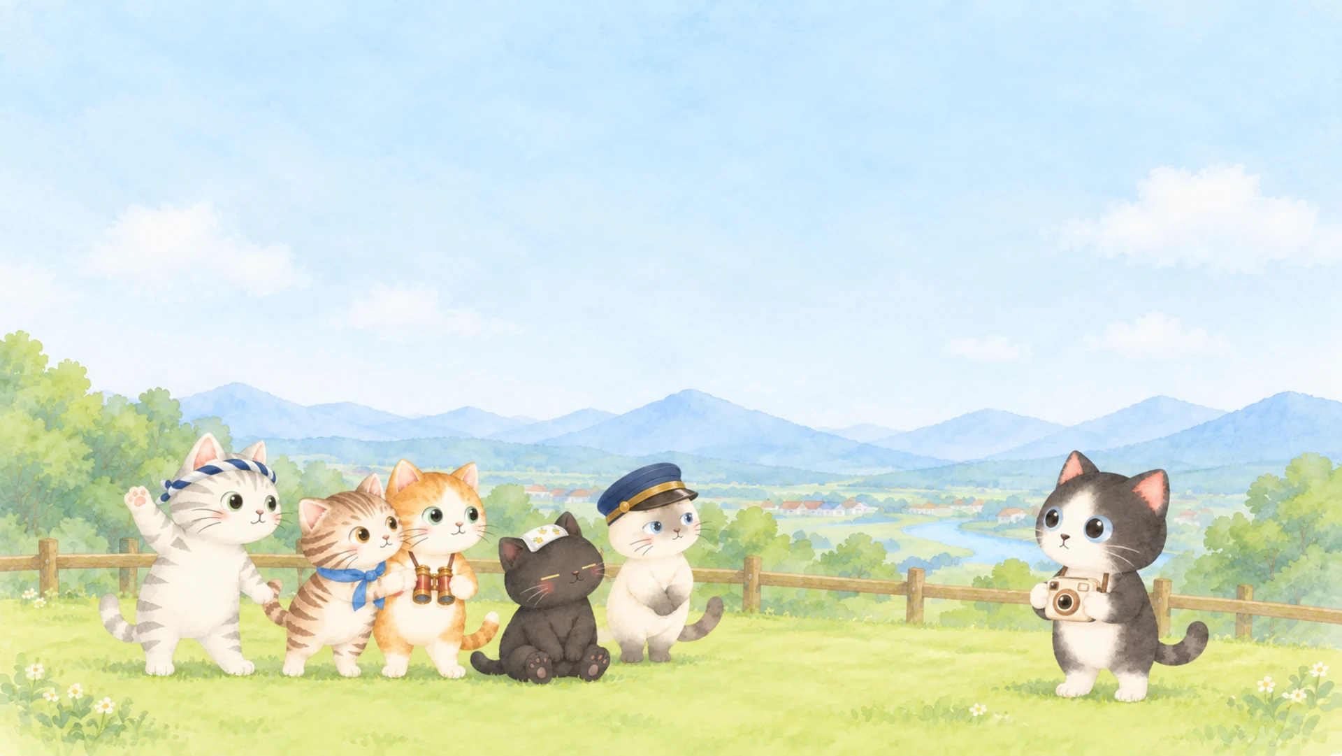 On a hill, Nico holds a camera in front of their chest while the town cats look over at Nico